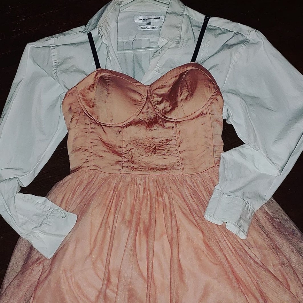 BLUSH TULLE DRESS W/ BUSTIER FEATURE